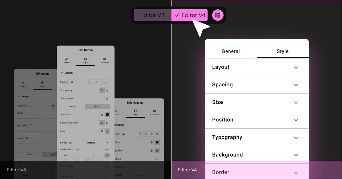 V3 Side Panel Vs V4 Panel With Style Tab Elementor Io Optimized Why Elementor Is Going Css-First: The Vision Behind Editor V4 2